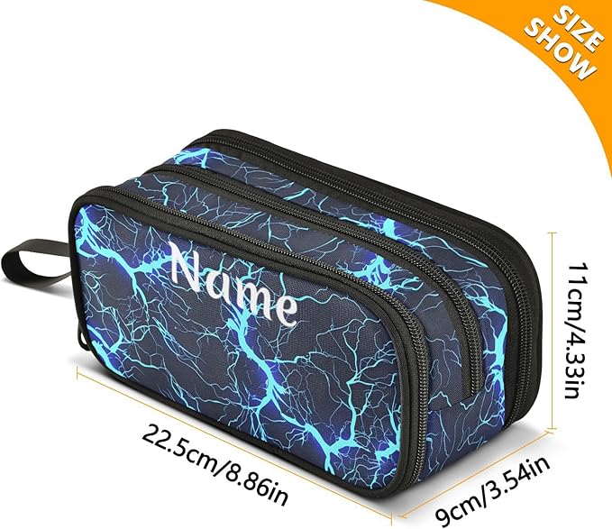 Custom Dark Blue Electric Lightning Pencil Case Box Boys Girls Personalized Name Large Pencil Pouch Stationery Pen Bag Organizer for Kids Adults School Office