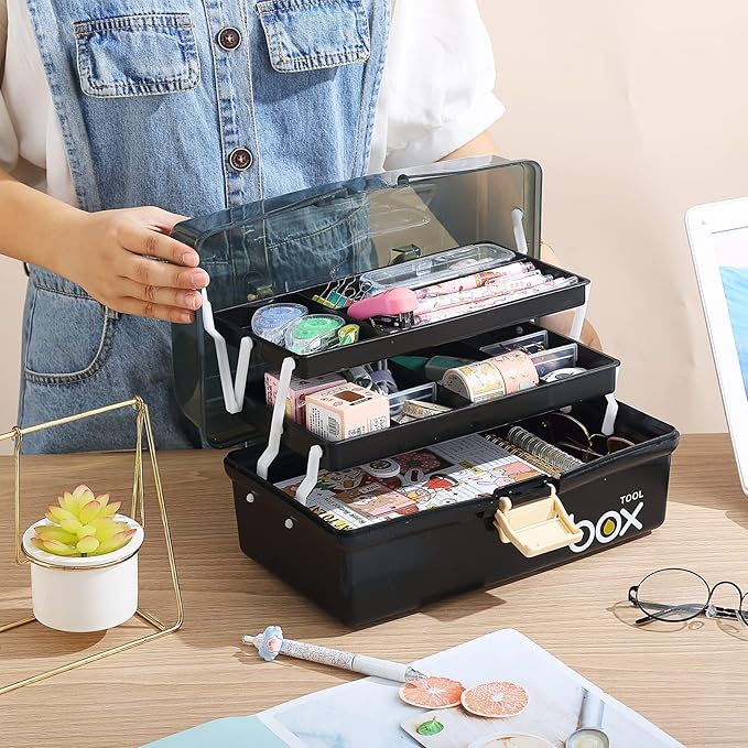 12'' Three-Layer Clear Plastic Storage Box/Tool Box, Multipurpose Organizer and Portable Handled Storage Case for Art Craft and Cosmetic (Black)