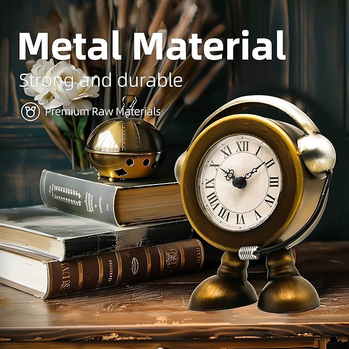 YOUKI Vintage Robot Table Clock on Stand, Decorative Desk and Shelf Clock, Rustic Mantel Farmhouse Silent Non-Ticking,Battery Operated Table Top for Living Room,Musical Gift,Metal