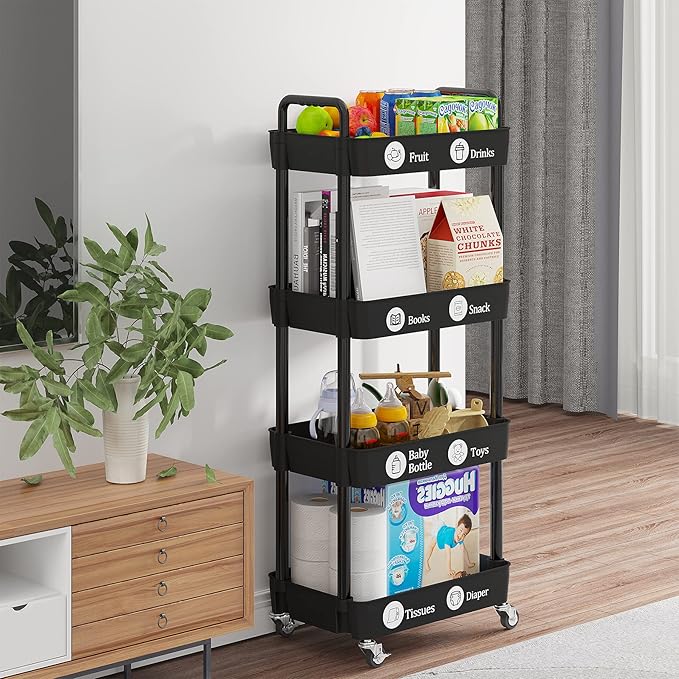 Laiensia 4-Tier Rolling Cart with Wheels,Multifunction Utility Storage Carts, Kitchen Storage Organizer,Mobile Shelving Unit for Bathroom,Laundry,with Classified Stickers,Black