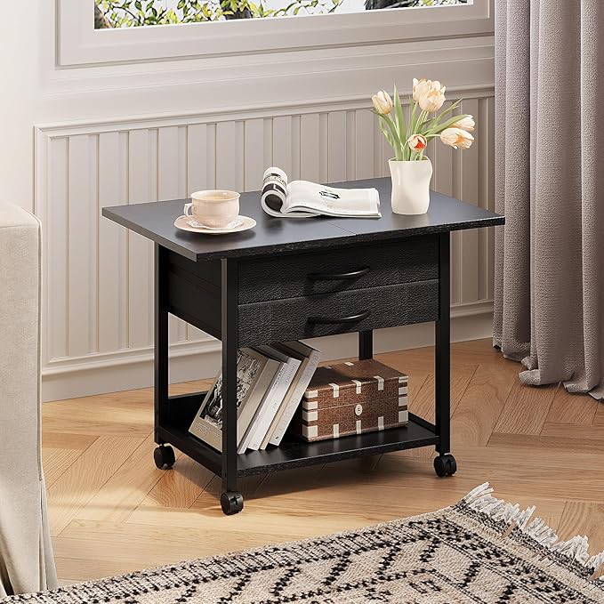 Large Printer Stand with Storage Fabric Drawer Under Desk Printer Table with Wheels for Home Office, Printer Cart fit Fax Machine Scanner 23.4"x15.7" (Black, 2 Tiers)