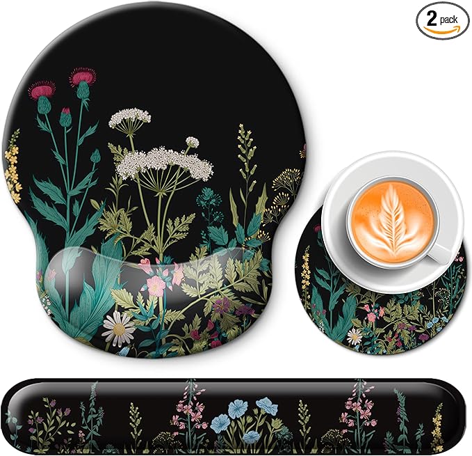 Mouse Pad and Keyboard Wrist Rest Support, with Non-Slip PU Base,Gel Mouse Pad with Coaster,Pain Relief for Gaming, Computer,Office -Flowers