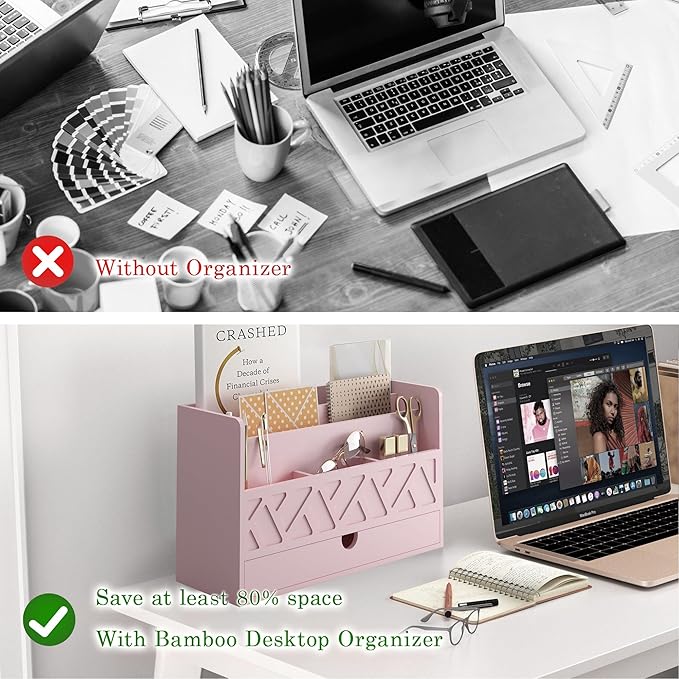 Wisuce Bamboo Mail Organizer Countertop Desktop with Drawer - All-in-One Desk File Organizer with Pencil Holder (Pink)