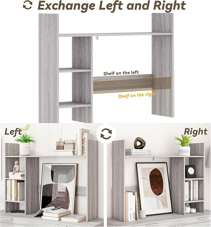 Desktop Bookshelf, Wooden Desk Hutch for Computer Monitor Up to 27'' with 3 Open Storage Shelves, Large 4-Tier Desk Organizer for Dorm Office Home, Wash Grey