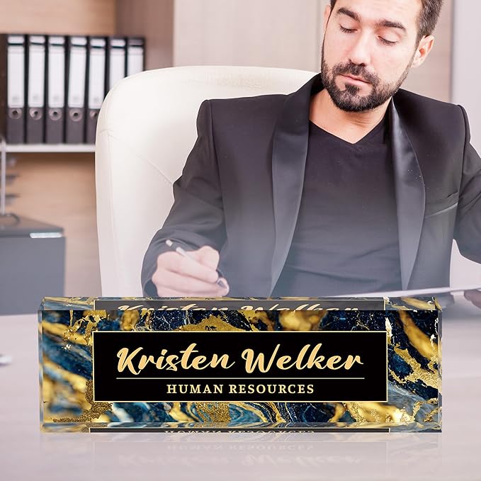 Personalized Name Plate for Desk Custom Acrylic Desk Name Plate Custom Employee Appreciation Gifts Office Gifts for Women, Men, Boss, Coworkers, Teacher, Nurse (Black Gold Marble)