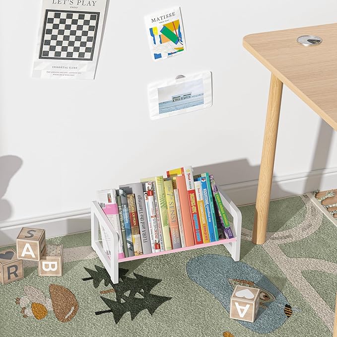 ELITEROO Tabletop Bookshelf, Simple Wood Book Organizer for Desk, Tilted Table Bookcase, Small Desktop Book Rack for Cookbook Display, Kids Reading, Office Storage, Pink