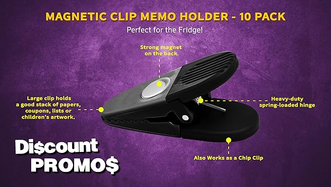 10 Magnetic Memo Holders Set - Customizable Text, Logo - Large Clip, Plastic - Black