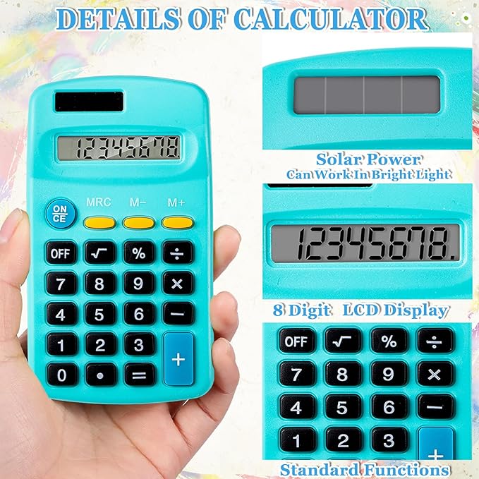 18 Pack Mini Pocket Calculators, Solar & Battery Power, 8 Digit Display, Bulk for Students, Kids, School, Home, Office (9 Colors)