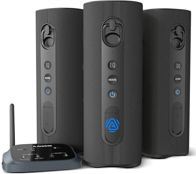 Avantree Harmony A1 – Auracast Multi-Room Wireless Speaker with 100 m Coverage, 3 EQ Stereo Sound, Expandable System, Easy Setup, Bluetooth/Opt/AUX Input for Music, Parties & House Gatherings