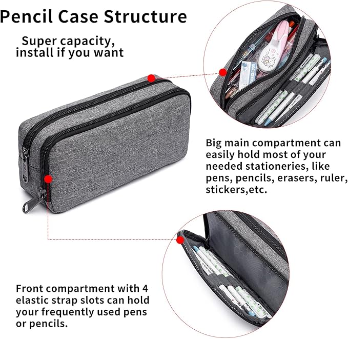 Della Gao Big Capacity Pencil Pen Case Nylon Large Pencil Pouch Simple Stationery Bag Office Organizer Pen Bag for Men Women - Grey