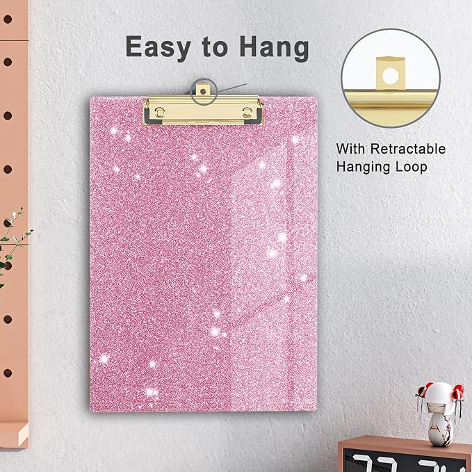 Glitter Acrylic Clipboard Decorative Standard A4 Letter Size 12.2" x 8.7", Fashion Bling Clip Boards with Designed Low Profile Gold Clip for Classroom Office - Warm Pink
