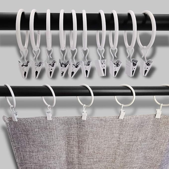 LLPJS 20 Pack Metal Curtain Rings with Clips, Curtain Clip Rings Hooks for Hanging Drapery Drapes Bows, Curtain Rod Rings 1.5 inch Interior Diameter, White