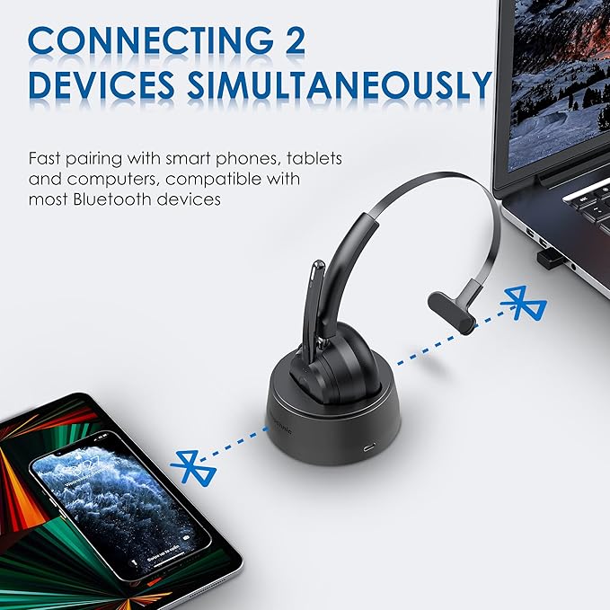 Mopchnic Bluetooth Headset, Wireless Headphone with AI Noise-Canceling Microphone On Ear Wireless Headset with USB Dongle for Computer Office