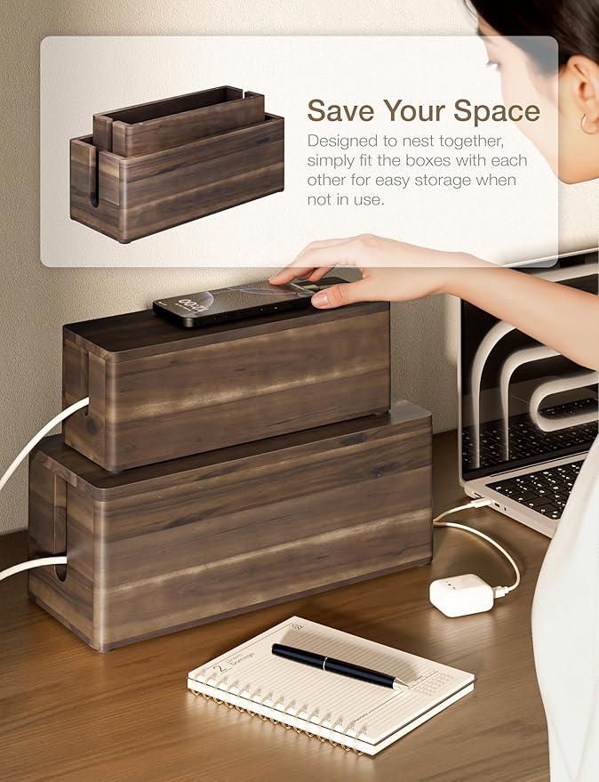 Acacia Large Cable Management Box - Set of 2 Cord Box Hider for Office - Cable Hider Box, Surge Protector Box for TV Wires, Desk - Power Strip Box with 2 Open Slots, Magnetic Lid (Walnut color)