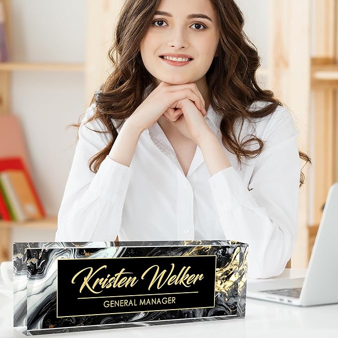 Custom Desk Name Plate Personalized, Acrylic Name Plates for Desk, Office Decor Personalized Gifts for Teacher Coworkers Boss Nurse (Black Gold Marble)