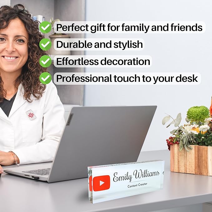 Customized Clear Acrylic Thick 8x3" Desk Name Plate Block with Personalized Logo - Professional Office Decor - Customized Acrylic Plate Gift for Teacher Co-workers (Logo (Clear Background))