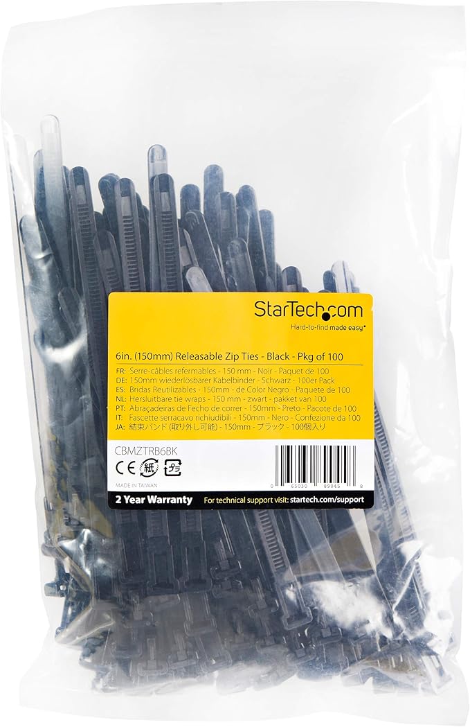 StarTech.com 6"(15cm) Reusable Cable Ties - 1/4"(7mm) Wide, 1-3/8"(35mm) Bundle Dia. 50lb(22kg) Tensile Strength, Releasable Nylon Ties, Indoor/Outdoor, 94V-2/UL Listed, 100 Pack - Black, TAA
