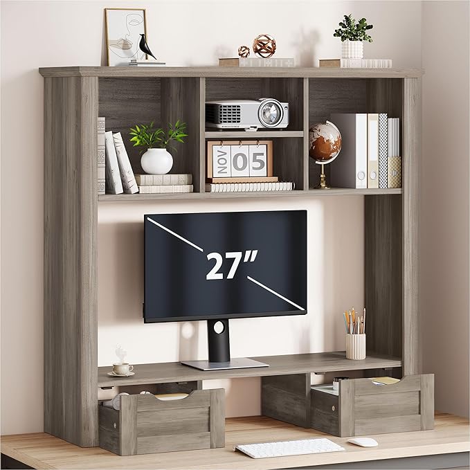 Desktop Bookshelf with Computer Monitor Stand, 37.4''W Desk Shelf Display Rack, Desktop Organizer Storage Rack with 4 Cubbies and 2 Drawers, 5-Tier Desk Hutch for Home, Office, Dorm, Vanity