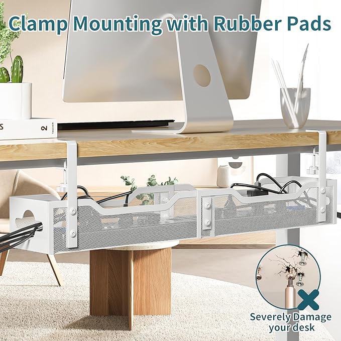 Under Desk Cable Management Tray White, Litwaro Cable Management Under Desk No Drill, 25'' Cable Tray with Clamp for Wire Management, Cord Organizer for Office, Home - No Damage to Table