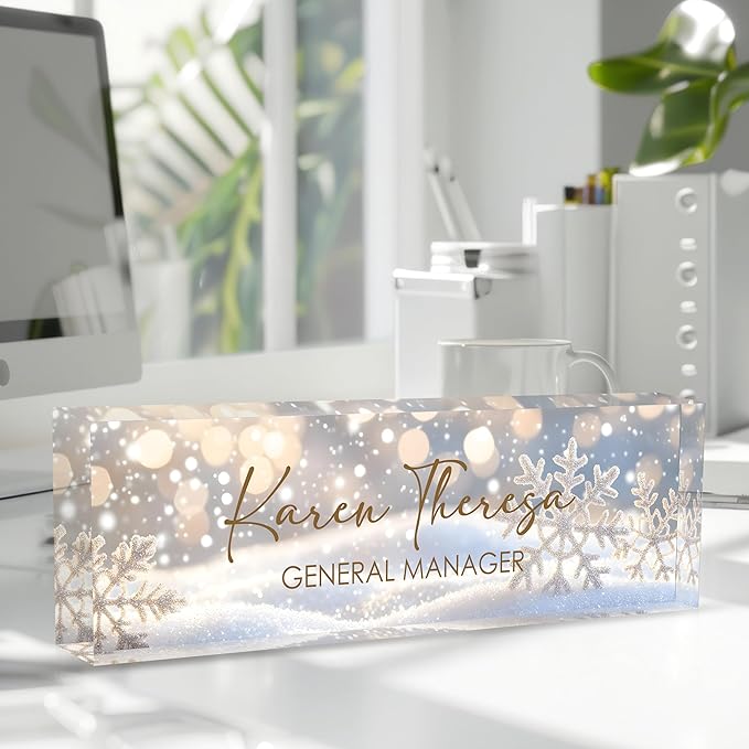 Custom Office Name Plate, Personalized Gifts for Women & Men, Appreciation Gifts for Employees, Office Desk Accessory (Shining Snowflake)