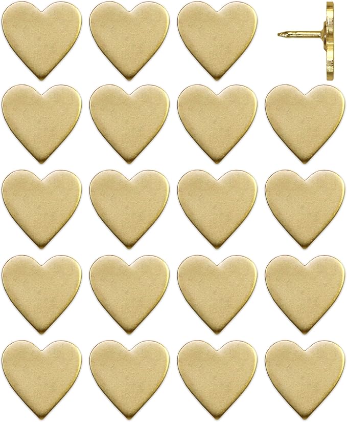 Big Gold Heart Push Pins - Large Gold Metal Heart Map Pins - for Cork Board, Maps, or Lapel Pin Use - Designed in USA - Set of 20