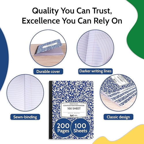 4 Pack EPI Wide Ruled Blue Cover Composition Notebook, Bulk, 200 pages (100 Sheets), 9-3/4 x 7-1/2, Marble, Bulk School Supplies, Hard Cover, Durable, Office Notebooks, Sturdy Sewn Binding