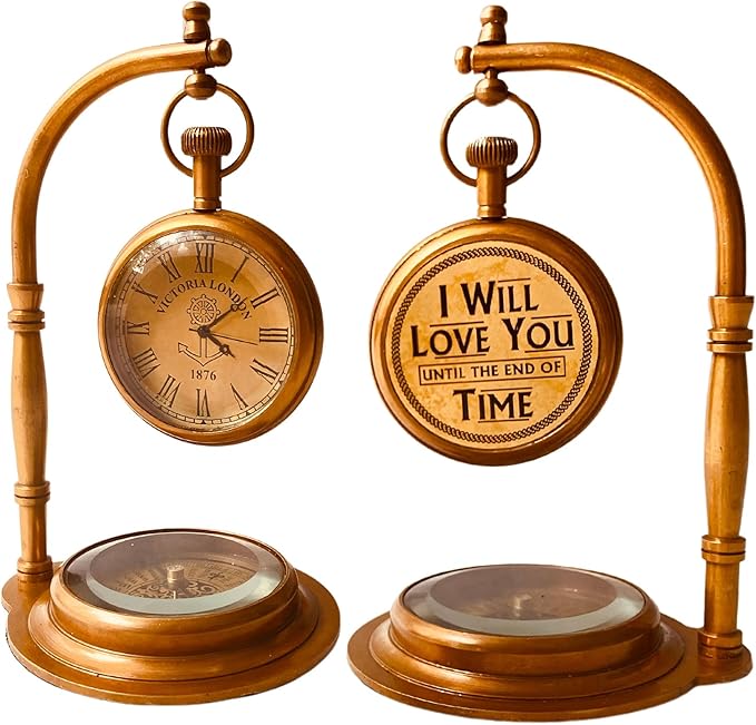 ALADEAN Brass Table Clock with Compass | Romantic Desk Clock - Decorative Vintage Mechanical Clock Lovers Boyfriend/Husband Birthday/Wedding Gifts (Love You)