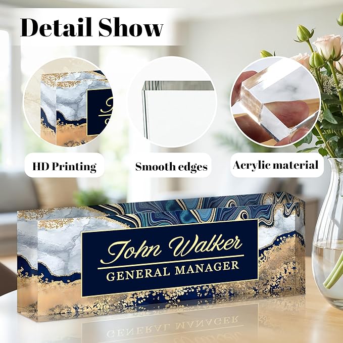 Personalized Name Plate for Desk, Custom Acrylic Desk Name Sign, Office Appreciation Gifts for Women Men Coworkers Boss Teacher Employee (Navy Coast)