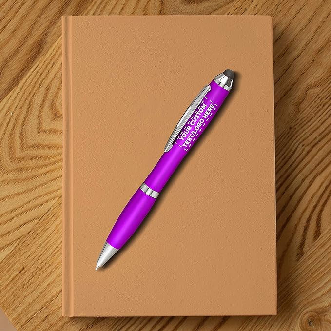 DISCOUNT PROMOS Custom Plastic Stylus Pens Set of 10, Personalized Bulk Pack - Black Ink, Great for Office, School, Business, Tradeshows, Events - Purple
