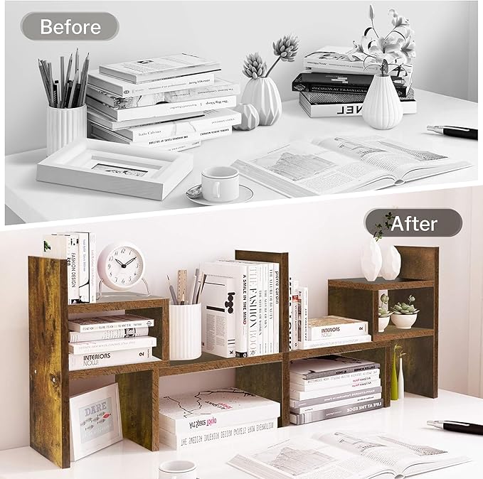 Jerry & Maggie - Desktop Organizer Office Storage Rack Adjustable Wood Display Shelf, Birthday Gifts Toy Home Decor Free Style Rotation Display True Natural Stand Shelf (Natural Wood Tone)