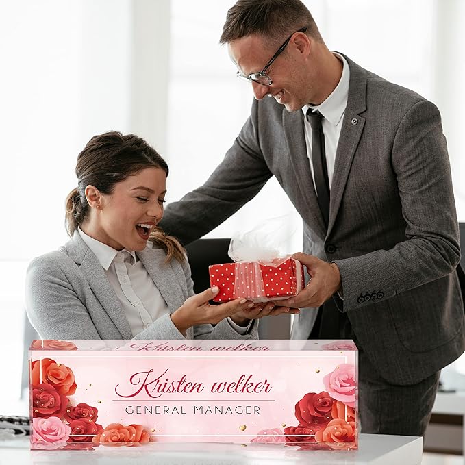 Desk Name Plate Personalized, Custom Name Plates for Desks, Office Desk Decor, Rose Design Clear Acrylic Glass Block, Personalized Office Gifts for Women Men Boss Teachers Coworkers Appreciation Gifts