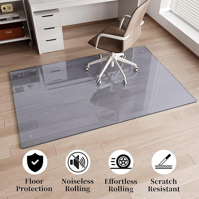 FlyEcho Glass Chair Mat 40" x 60" Heavy Duty Tempered Glass Office Chair Mat, Glass Floor Mat with Round Corner and Polished Edge for Smooth Glide, Carpet Hardwood Floor Protector, Grey