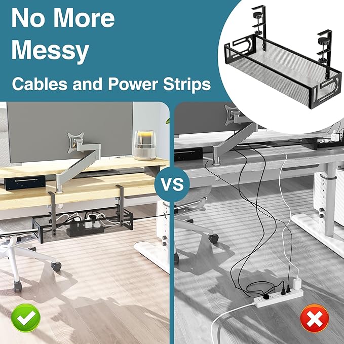 No Drill Under Desk Cable Management Tray, SONATURE 15.7" Cord Organizer for Table, Clamp Mount Desk Cable Management, Premium Carbon Steel Cable Organizer for Office, Home (Black)