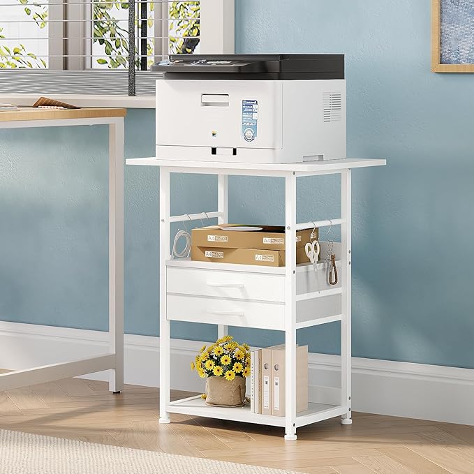Large Printer Stand with Storage Fabric Drawer Under Desk Printer Table with Wheels for Home Office, Printer Cart fit Fax Machine Scanner (White, 3 Tiers)