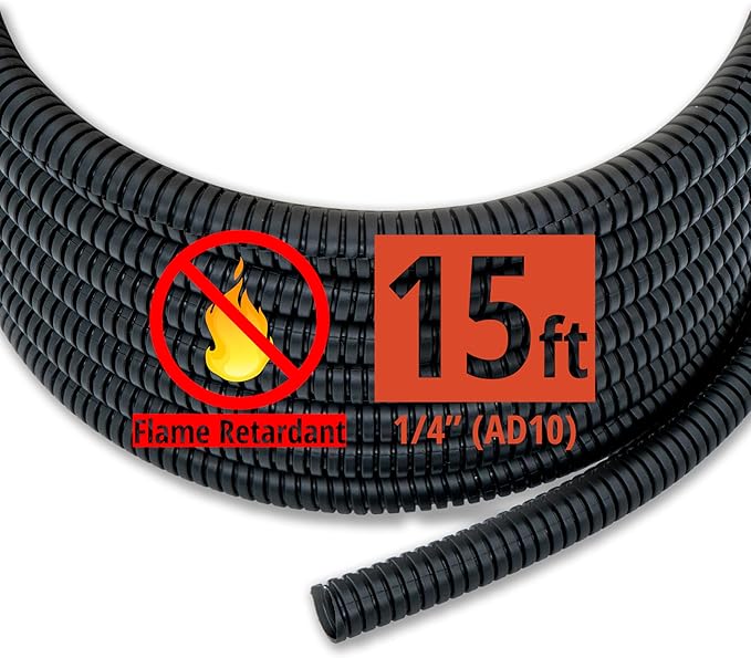 15ft - 1/4 inch (AD10) Flame Retardant Split Wire Loom Tubing - Sleeves for Electric Cables, Flexible Wire Covers Cord Protectors - Black