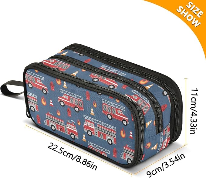 Fire Trucks Pencil Case Box Boys Girls Large Pencil Pouch with Zipper Compartments Big Capacity Stationery Pen Bag Organizer for Kids Teens Adults School Office