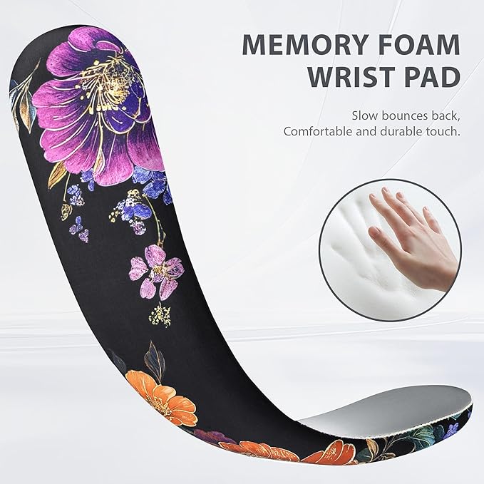 Ospelelf Wrist Rest for Keyboard and Mouse Ergonomic Mouse Pad with Wrist Support Memory Foam Wrist Rest for Computer Keyboard,3-in-1 Gel Mouse and Keyboard Pad for Office Black Flower