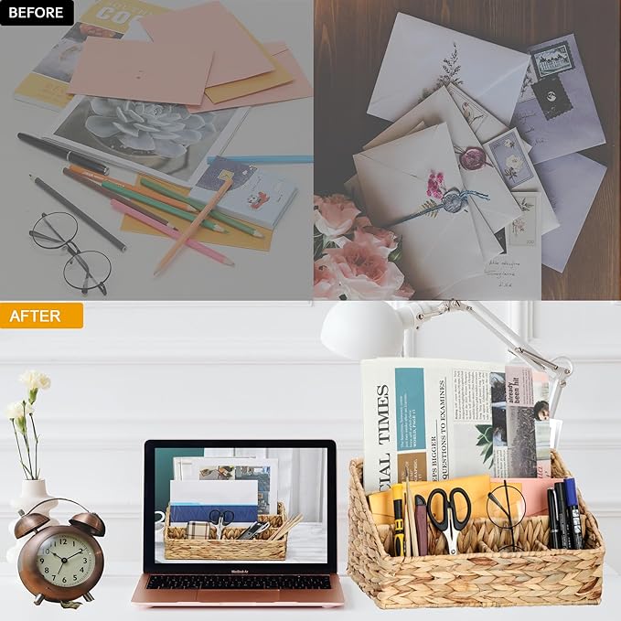 Desk Organizer – Countertop Mail Organizer, Magazine Holder, Boho Decor Water Hyacinth Desk Mail Holder for Home Office, Farmhouse, 12.6" L x 6.7" W x 6.3" H