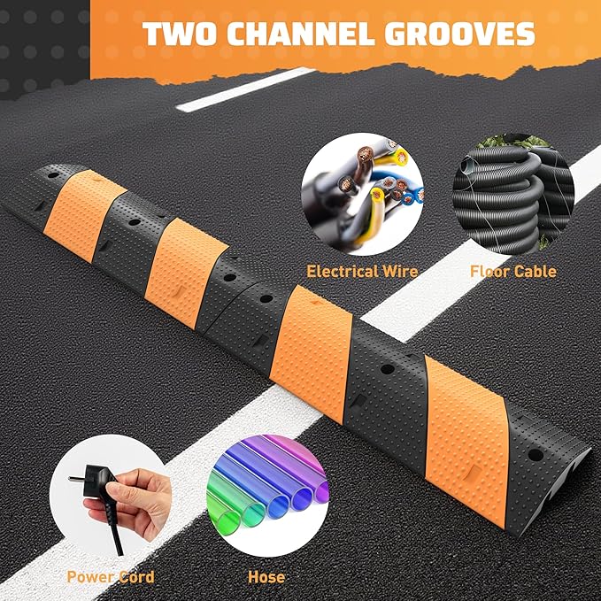 Rengue Rubber Speed Bumps 2-Pack 39.3'' Black Yellow Dual-Channel Driveway Protector for Wires Pipes, 66000 LB Heavy Duty Traffic Calmer for Road Gravel Installation