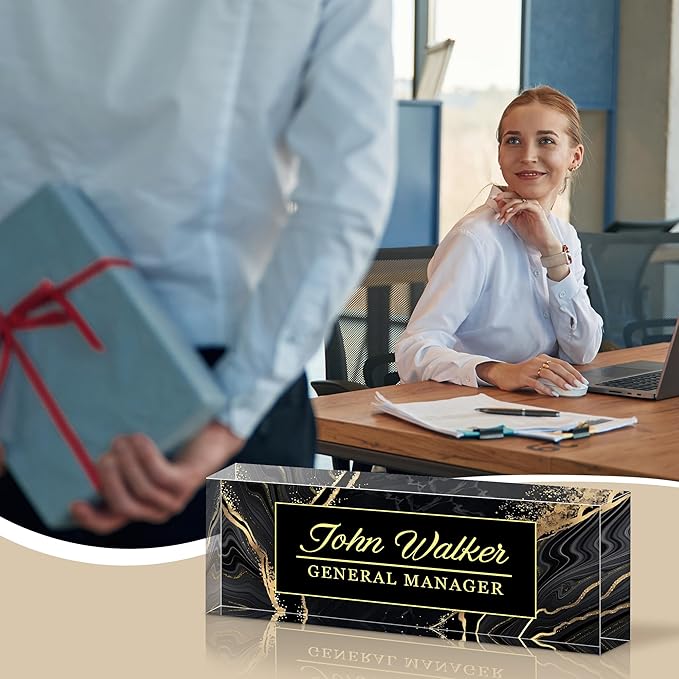 Personalized Name Plate for Desk, Custom Acrylic Desk Name Sign, Office Appreciation Gifts for Women Men Coworkers Boss Teacher Employee (Black Marble)