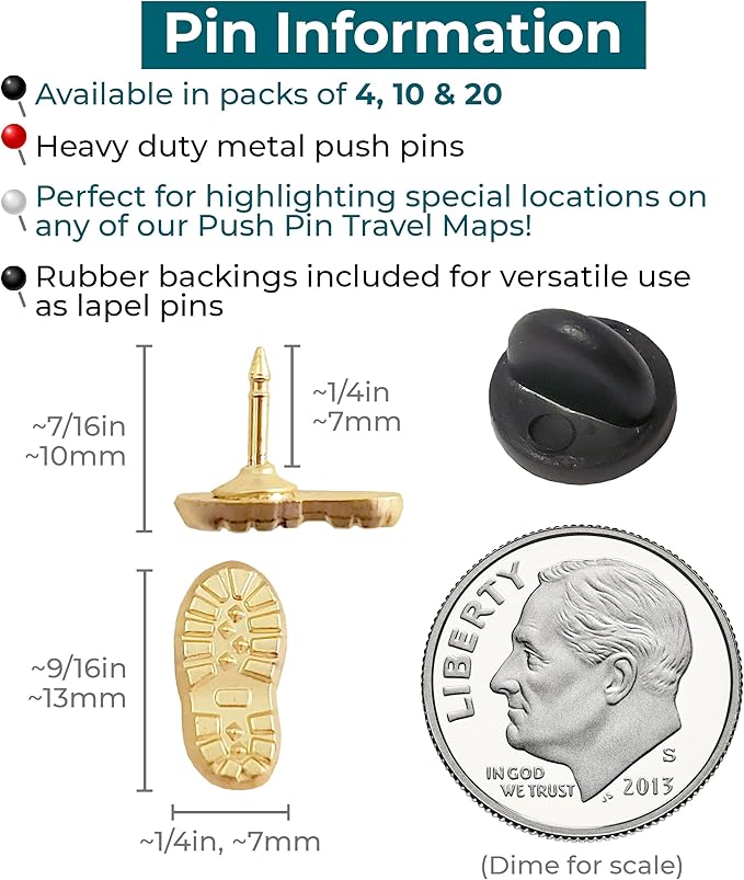 Hiking Boot Print Push Pins - Gold Boot Print Pins - for Cork Board, Maps, or Lapel Pin Use - Designed in USA - Set of 20