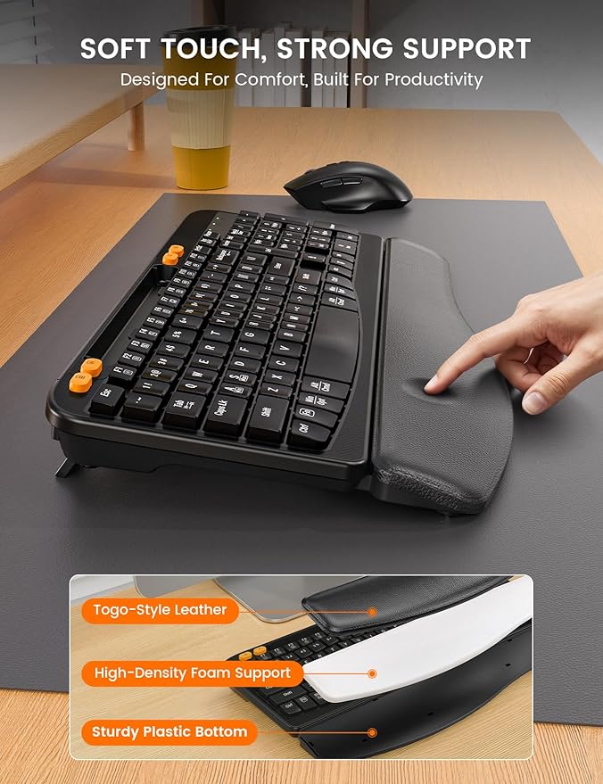 Wireless Keyboard and Mouse Combo, Ergonomic Wave Keys, Cushioned Palm Rest, Rechargeable, Phone Holder, Natural Typing, 2.4G Lag-Free, Full Size Keyboards Cordless Set for Windows/Mac -SABLUTE
