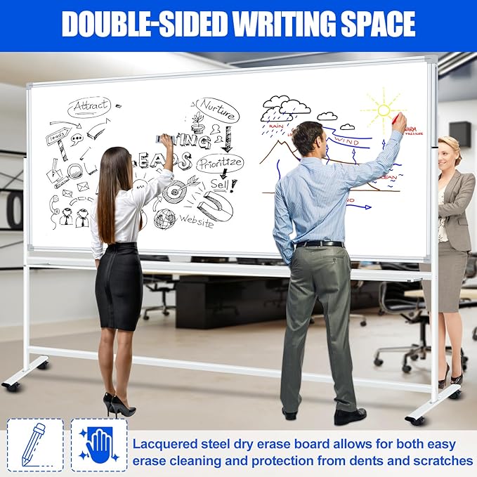 Double-Sided Magnetic White Board 96"x48" Dry Erase Whiteboard, Large Rolling White Boards on Wheels, 8' x 4' Whiteboard with Stand for Office, School, Home. Including Eraser, Marker, Magnet