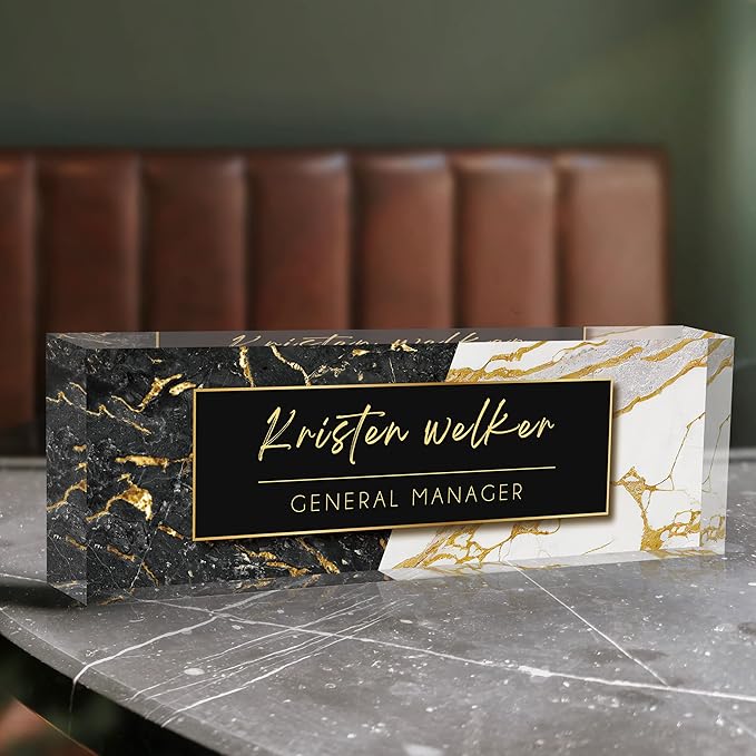 Desk Name Plate Personalized, Custom Name Plates for Desks, Office Desk Decor, Marble Design Clear Acrylic Glass Block, Personalized Office Gifts for Women Men Boss Teachers Coworker Appreciation Gift