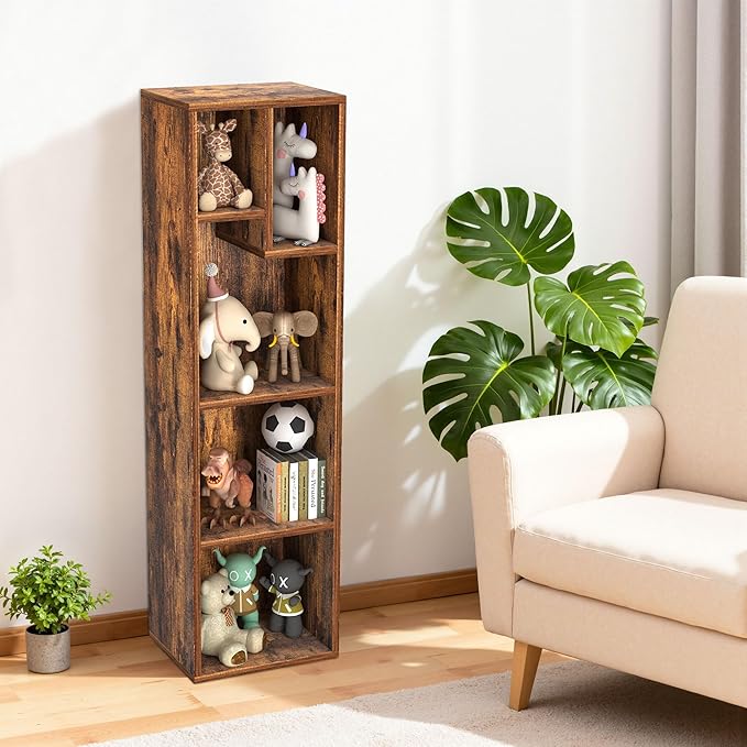 VECELO 4-Tier Bookcase, Modern Storage Cabinet with Height Difference Shelves for Standard Textbooks, 5 Cubes, Vertical or Horizontal, Easy Assembly, Rustic Brown
