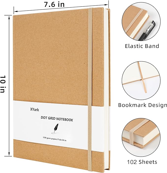 XYark Large B5 Dot Grid Notebook Journals, Kraft Hardcover Sketchbook Subject Composition Notebooks with Dotted Grid Paper, 2 Pack, 120GSM, 102 Sheets, 7.6x10 inch, Travel Journal Set