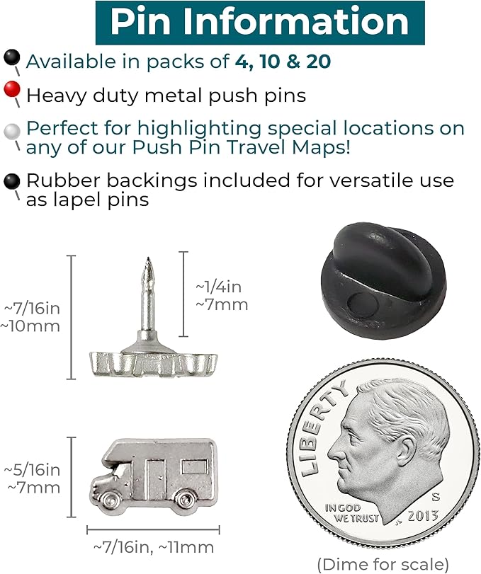Motorhome Push Pins - Silver RV Pins - for Cork Board, Maps, or Lapel Pin Use - Designed in USA - Set of 10