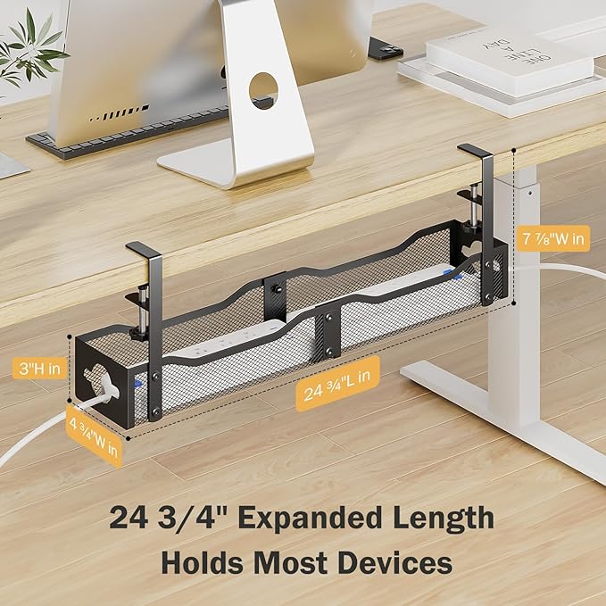 DELAMU 25'' Upgraded Under Desk Cable Management, No Dill Desk Cable Management with F-Clamp, Metal Cable Management Tray to Cord Organizer for Home Office, 1 Pack, Black