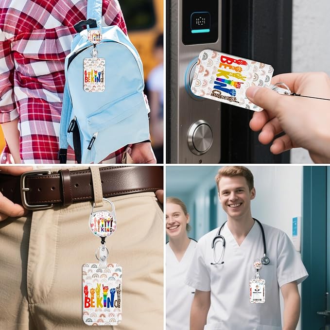 2 Pack Be Kind ID Badge Holder with Heavy Duty Retractable Reel Keychain for WomenStudents,Teachers, Nurses, Office Use