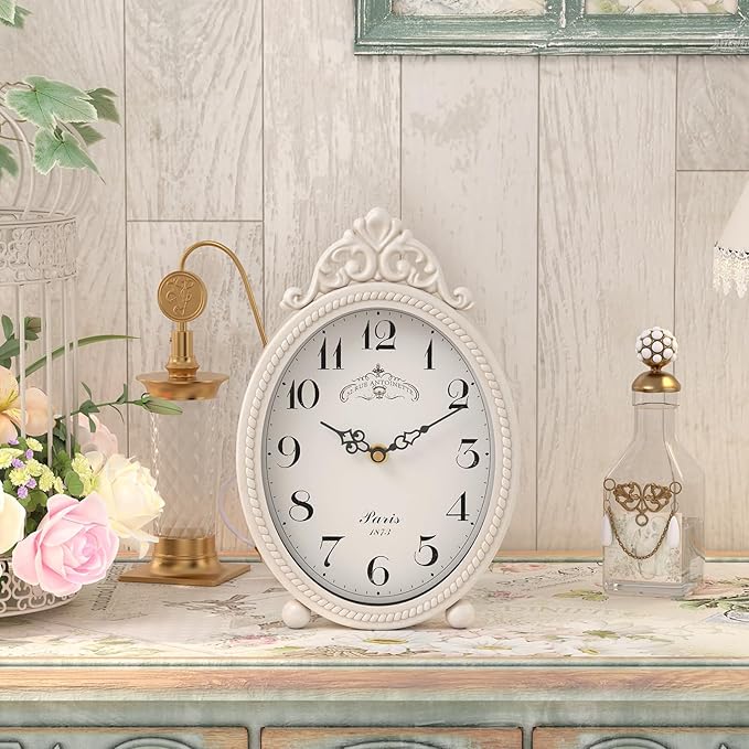 Abdurey Vintage Table Clock on Stand, Desk and Shelf Decorative Clock, French Rustic Style Antique White Mantel Clocks for Living Room,Farmhouse,Bedroom,Bedside,Gift Clocks